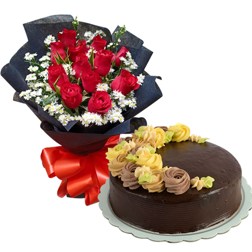 Order 12 Red Roses with Chocolate Cake By Max's to Manila Philippines