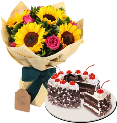 Roses and Sunflowers Bouquet with Black Forest Cake