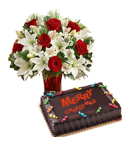 Send Christmas Chocolate Dedication Cake by Red Ribbon with Flower Vase to Manila